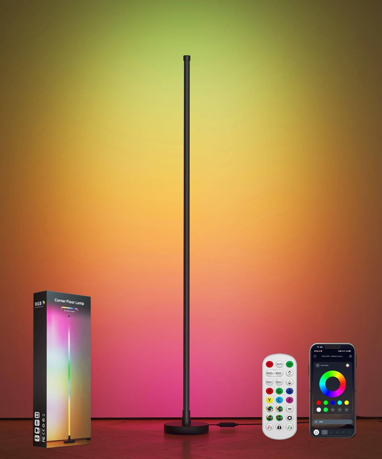 Lámpara de piso de esquina, lámpara de esquina led RGB inteligente con sincronización de música y 16 millones de colores de bricolaje, aplicación y control remoto, lámpara de pie que cambia de color para dormitorio, sala de estar y sala de juegos