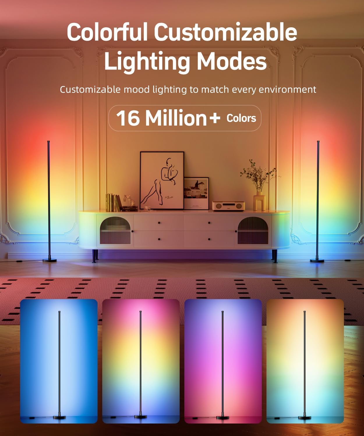 Lámpara de piso de esquina, lámpara de esquina led RGB inteligente con sincronización de música y 16 millones de colores de bricolaje, aplicación y control remoto, lámpara de pie que cambia de color para dormitorio, sala de estar y sala de juegos