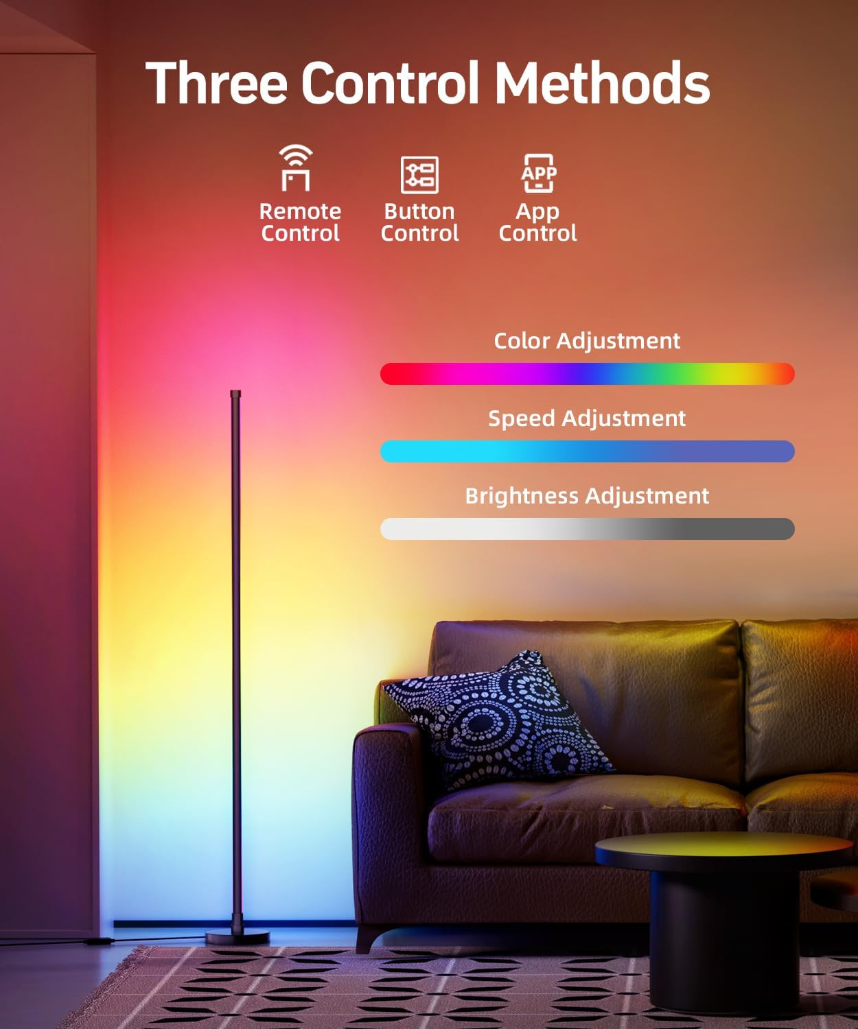 Lámpara de piso de esquina, lámpara de esquina led RGB inteligente con sincronización de música y 16 millones de colores de bricolaje, aplicación y control remoto, lámpara de pie que cambia de color para dormitorio, sala de estar y sala de juegos
