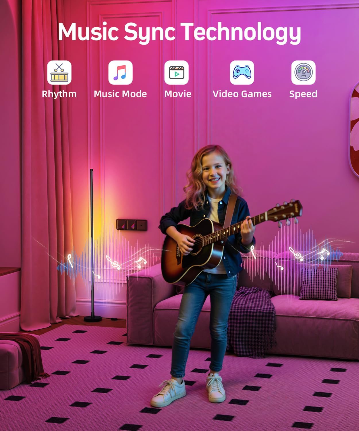 Lámpara de piso de esquina, lámpara de esquina led RGB inteligente con sincronización de música y 16 millones de colores de bricolaje, aplicación y control remoto, lámpara de pie que cambia de color para dormitorio, sala de estar y sala de juegos