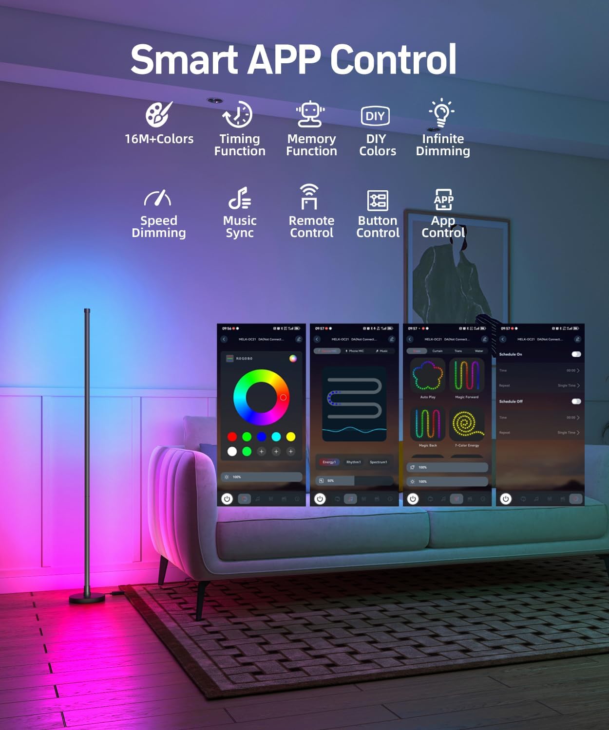 Lámpara de piso de esquina, lámpara de esquina led RGB inteligente con sincronización de música y 16 millones de colores de bricolaje, aplicación y control remoto, lámpara de pie que cambia de color para dormitorio, sala de estar y sala de juegos