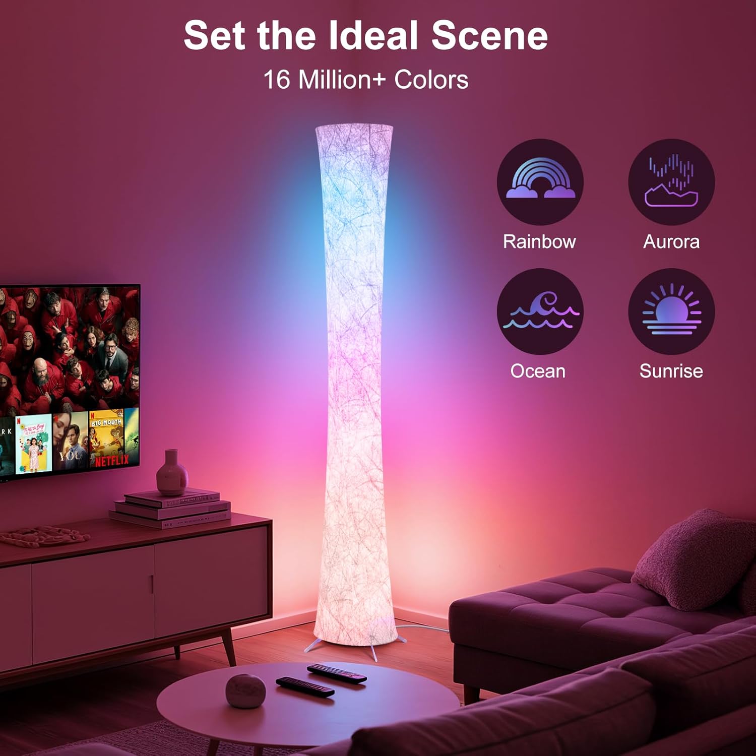 Lámpara de piso, lámpara de esquina led RGB inteligente de 61'' con sincronización de música y 16 millones de colores bricolaje, temperatura de 3 colores, APP y control remoto