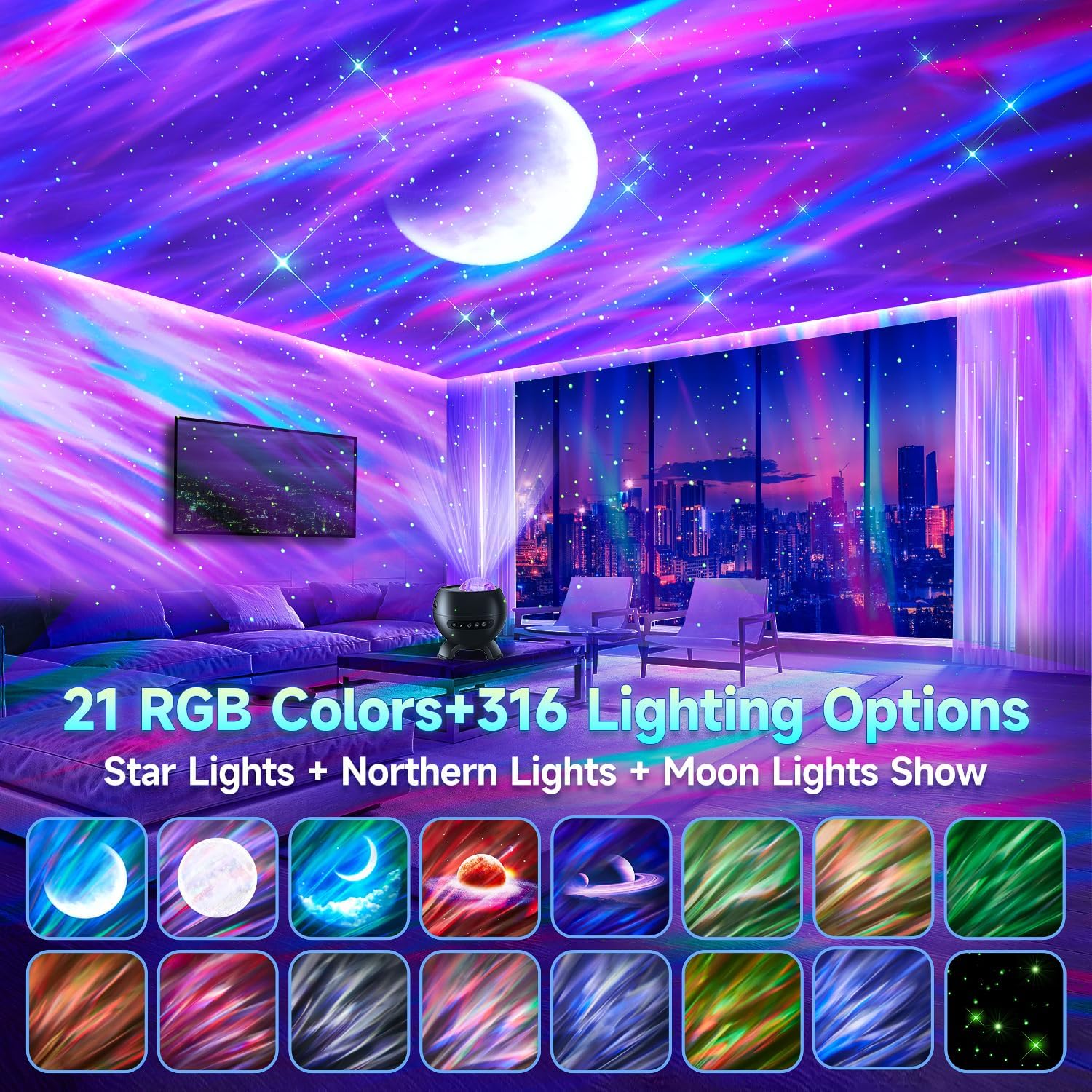 Proyector de galaxia para dormitorio, 21Colors luces boreales, 15White Noise & Bluetooth Star Proyector Luces de galaxia, Iluminación ambiental remota, Aurora Halloween Decor Navidad, Regalos para niños, adultos